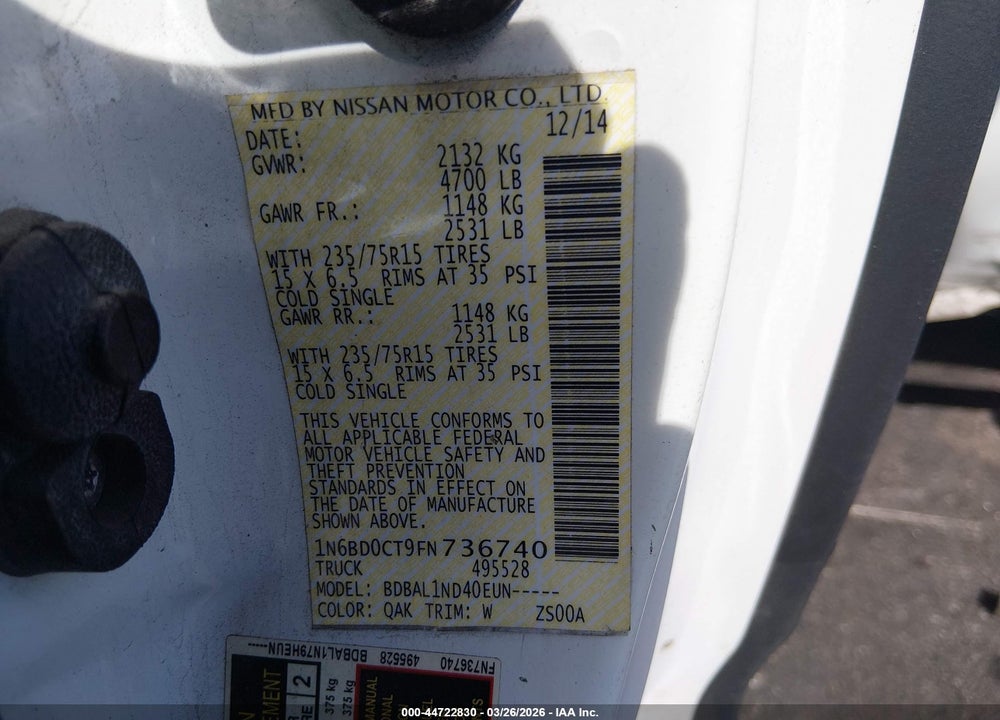 2015 NISSAN FRONTIER S VIN: 1N6BD0CT9FN736740