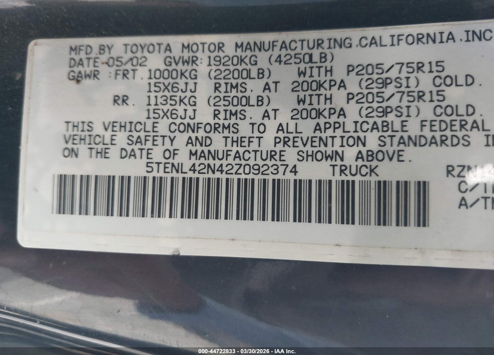 2002 TOYOTA TACOMA VIN: 5TENL42N42Z092374