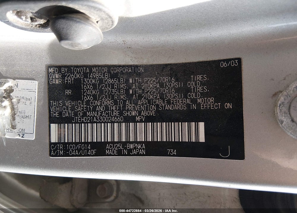 2003 TOYOTA HIGHLANDER VIN: JTEHD21A330024660