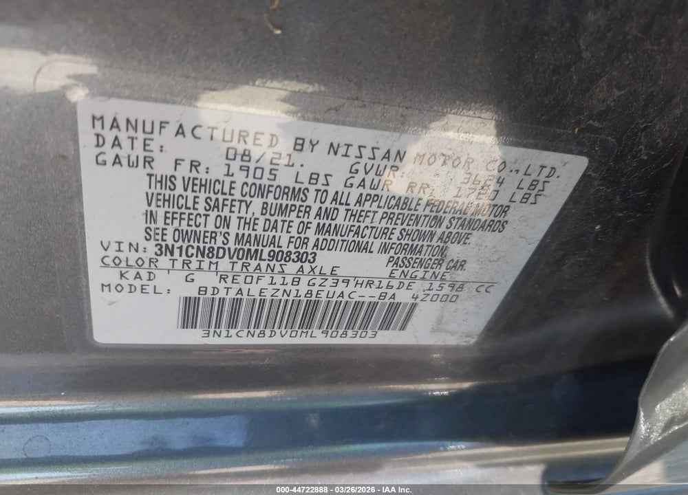 2021 NISSAN VERSA S XTRONIC CVT VIN: 3N1CN8DV0ML908303