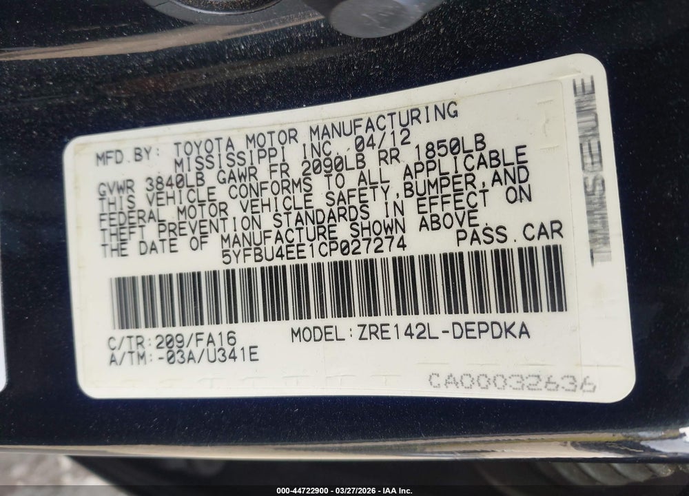 2012 TOYOTA COROLLA L VIN: 5YFBU4EE1CP027274