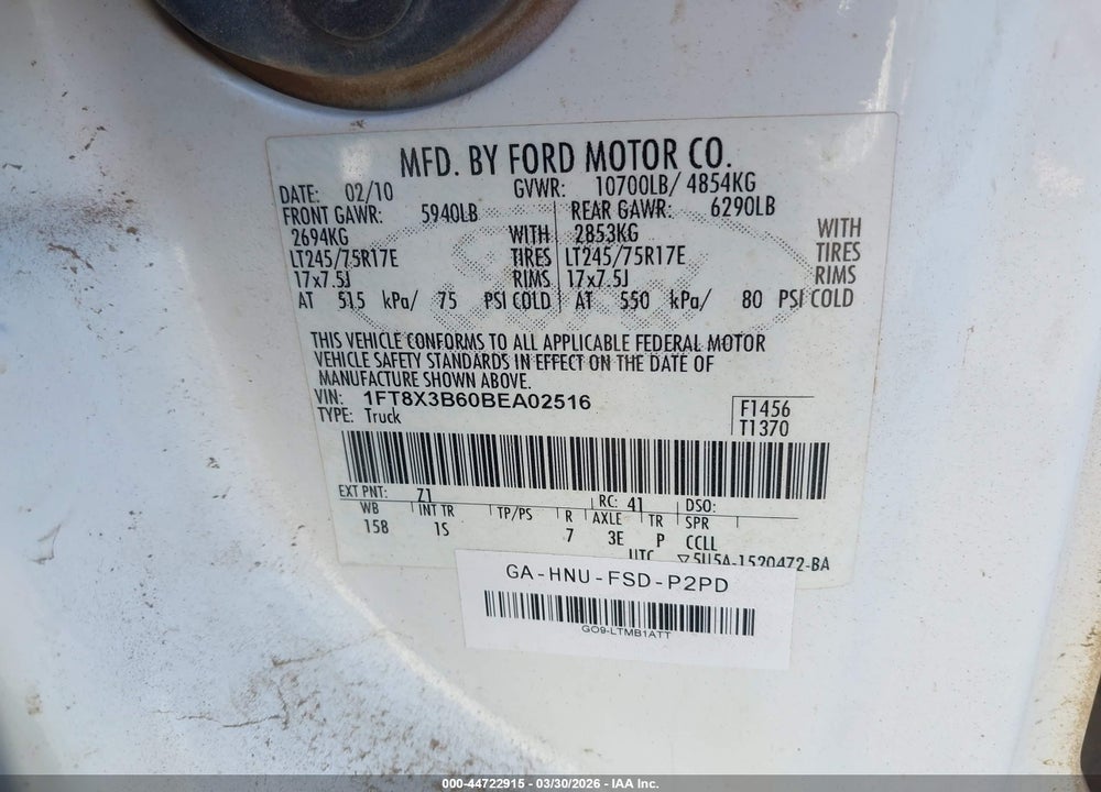 2011 FORD F-350 XL VIN: 1FT8X3B60BEA02516