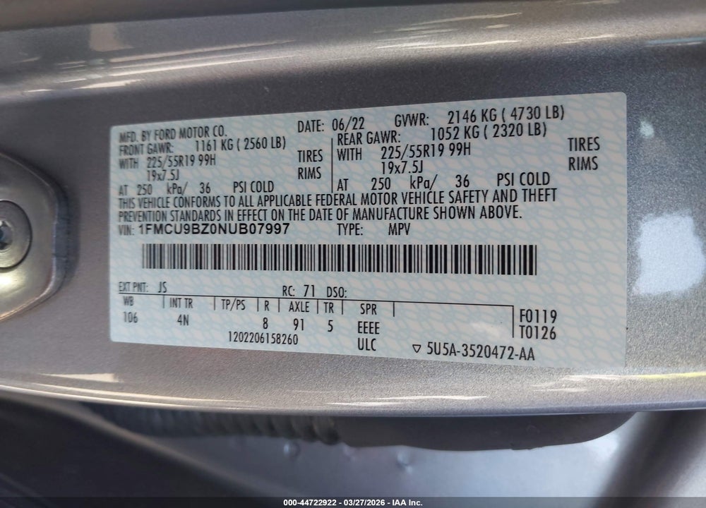 2022 FORD ESCAPE SE HYBRID VIN: 1FMCU9BZ0NUB07997
