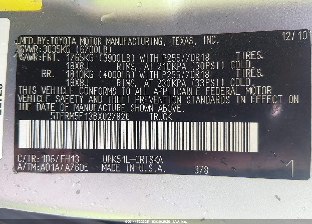 2011 TOYOTA TUNDRA GRADE 4.6L V8 VIN: 5TFRM5F13BX027826