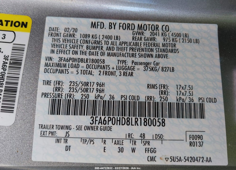2020 FORD FUSION SE VIN: 3FA6P0HD8LR180058