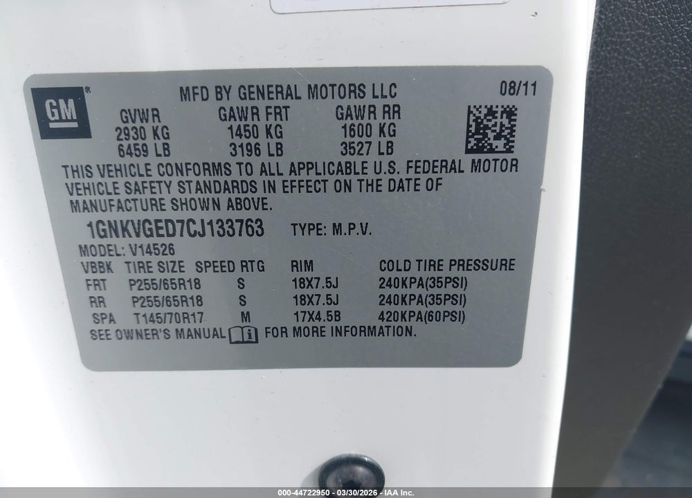 2012 CHEVROLET TRAVERSE 1LT VIN: 1GNKVGED7CJ133763