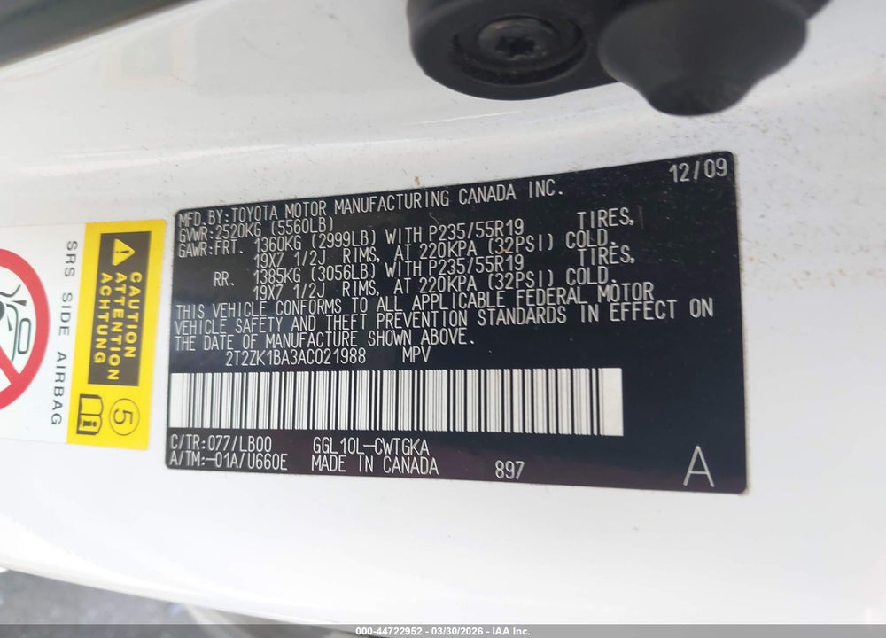2010 LEXUS RX 350 VIN: 2T2ZK1BA3AC021988