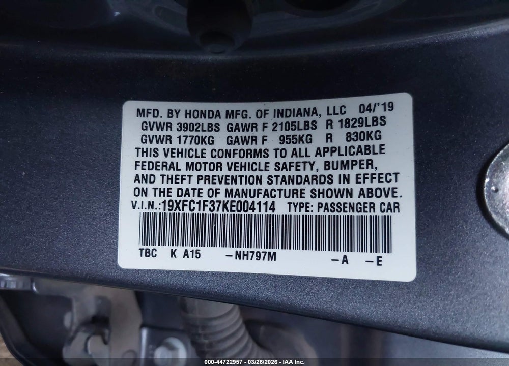 2019 HONDA CIVIC EX VIN: 19XFC1F37KE004114