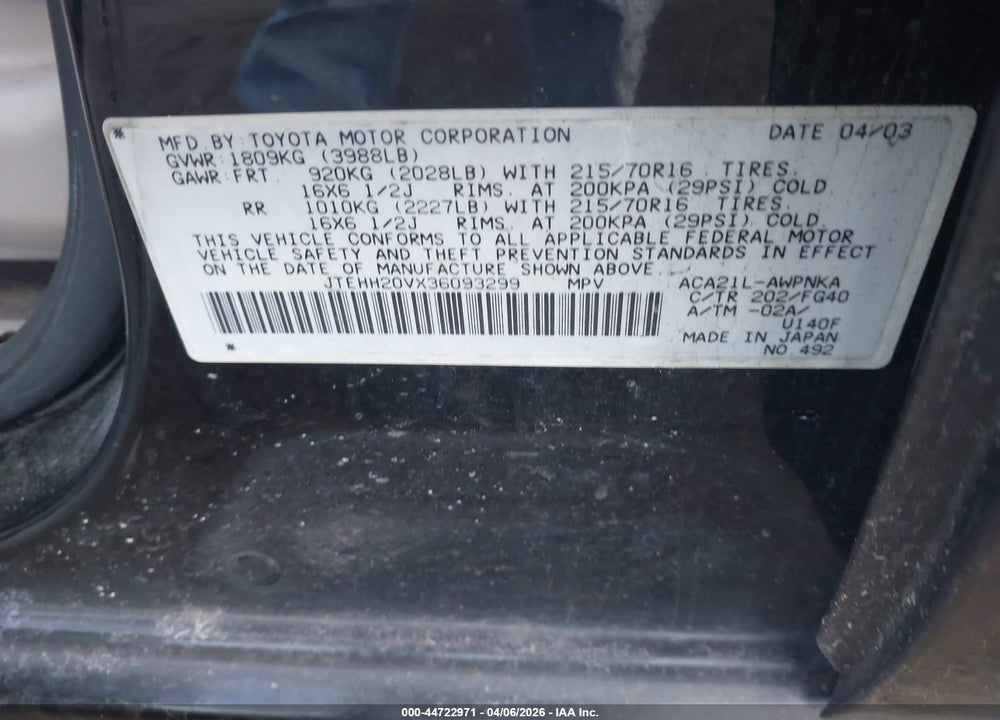 2003 TOYOTA RAV4 VIN: JTEHH20VX36093299