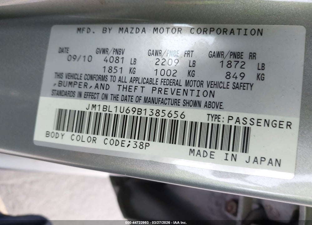 2011 MAZDA 3 S SPORT VIN: JM1BL1U69B1385656