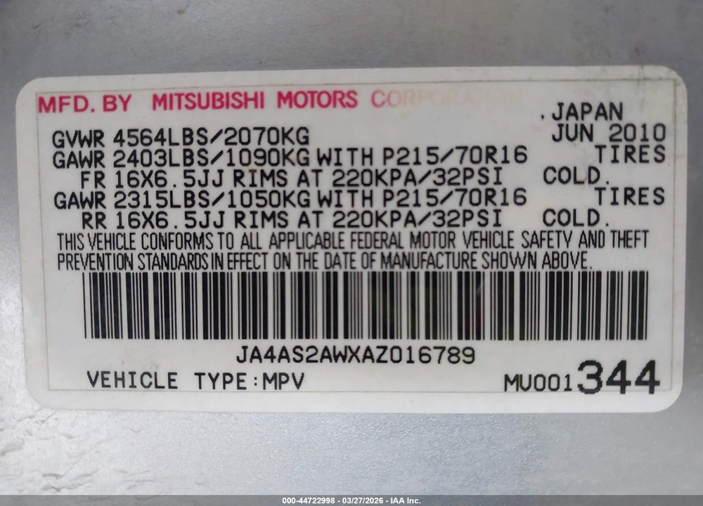 2010 MITSUBISHI OUTLANDER ES VIN: JA4AS2AWXAZ016789