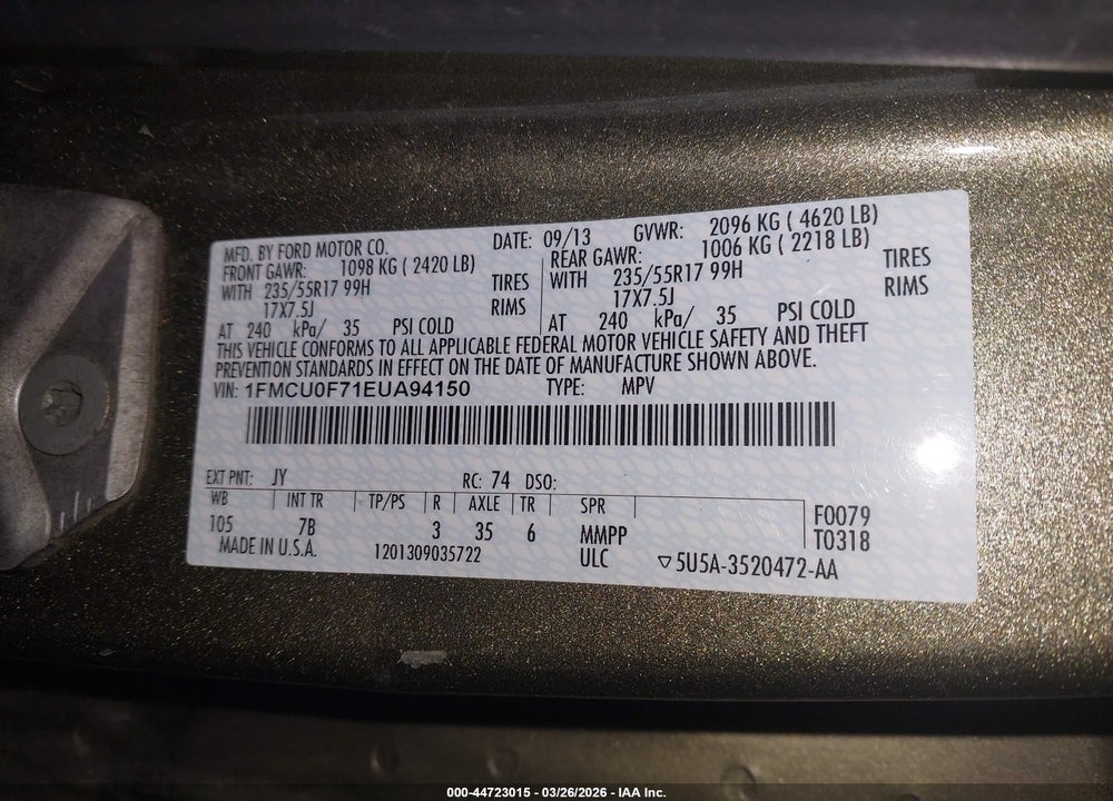 2014 FORD ESCAPE S VIN: 1FMCU0F71EUA94150