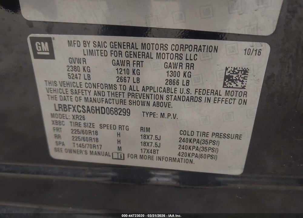2017 BUICK ENVISION PREFERRED VIN: LRBFXCSA6HD068299