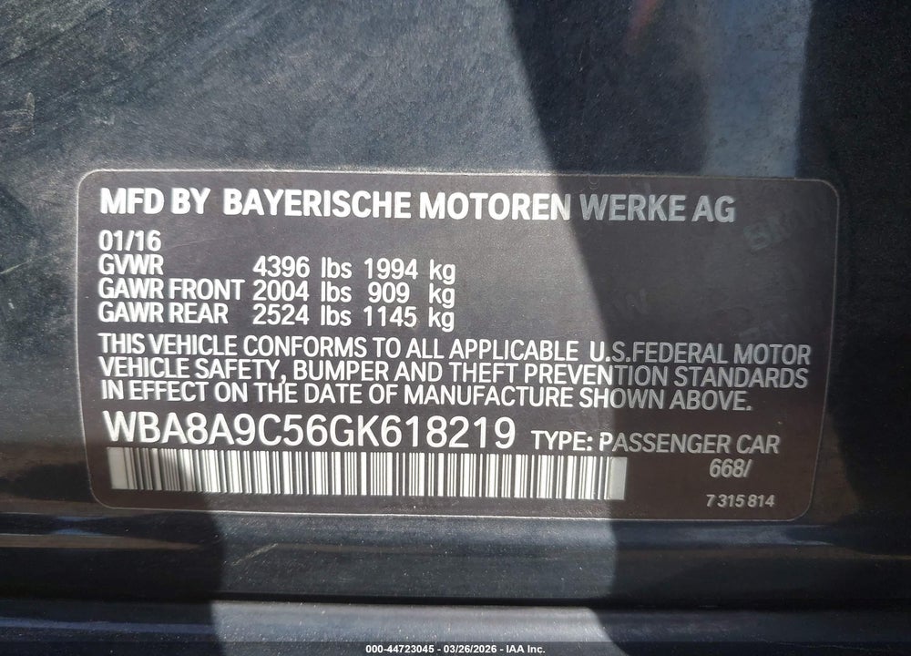 2016 BMW 320I VIN: WBA8A9C56GK618219