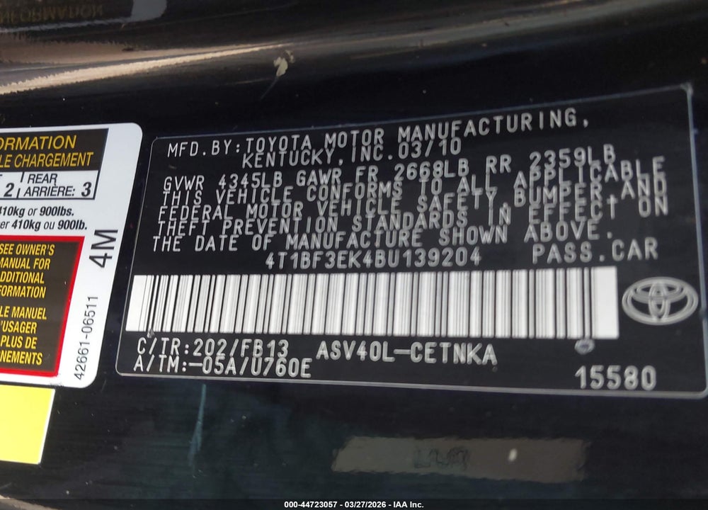 2011 TOYOTA CAMRY LE VIN: 4T1BF3EK4BU139204