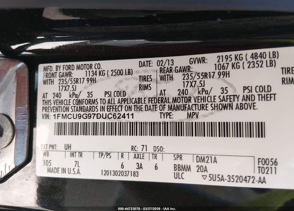 2013 FORD ESCAPE SE VIN: 1FMCU9G97DUC62411