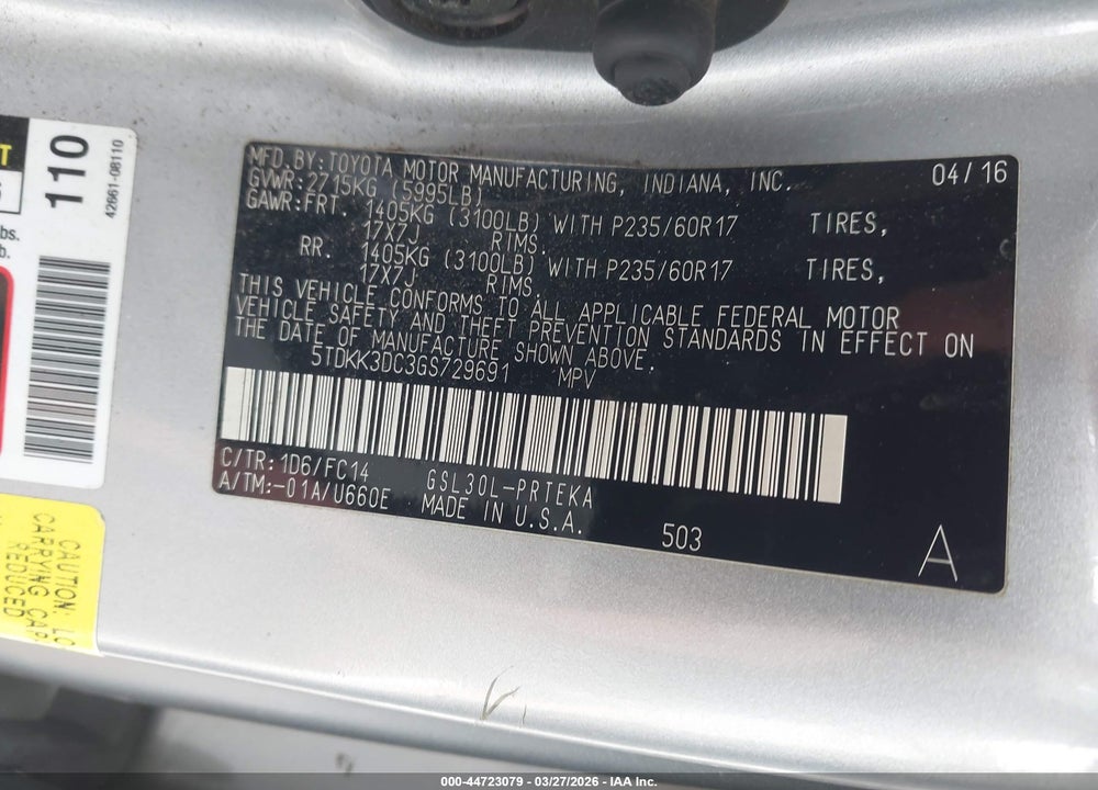 2016 TOYOTA SIENNA LE 8 PASSENGER VIN: 5TDKK3DC3GS729691
