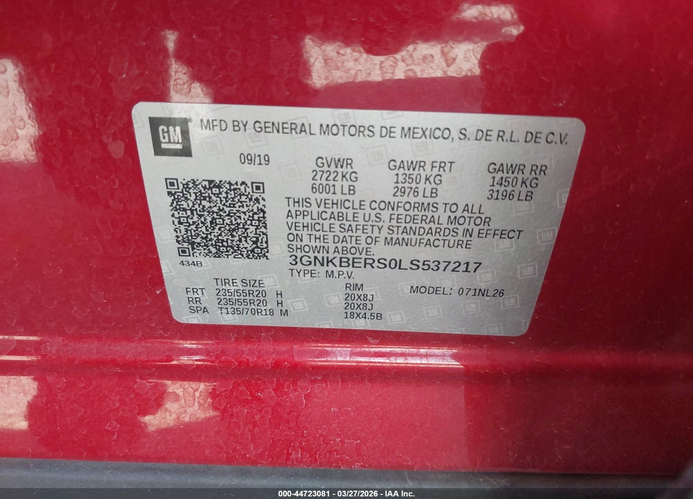 2020 CHEVROLET BLAZER FWD RS VIN: 3GNKBERS0LS537217
