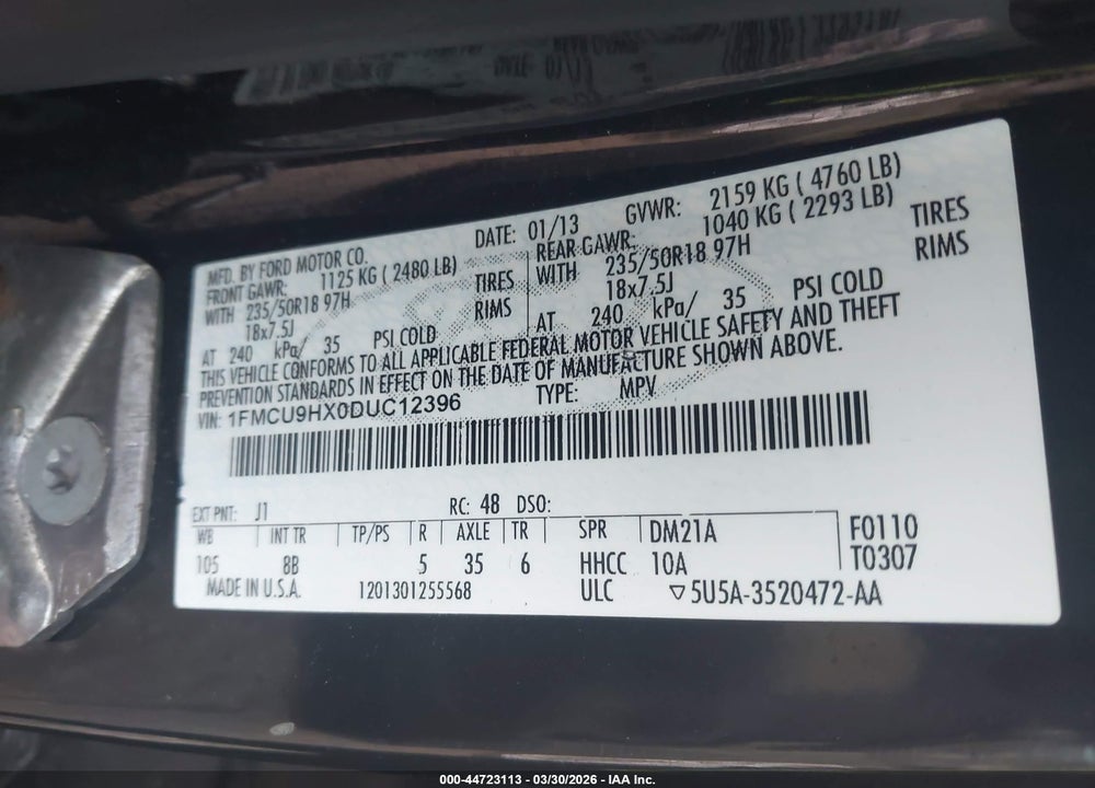 2013 FORD ESCAPE SEL VIN: 1FMCU9HX0DUC12396