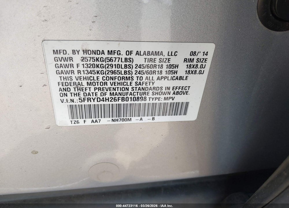 2015 ACURA MDX VIN: 5FRYD4H26FB010898