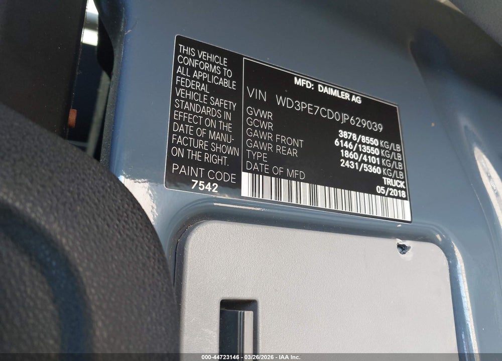 2018 MERCEDES-BENZ SPRINTER 2500 STANDARD ROOF V6 VIN: WD3PE7CD0JP629039