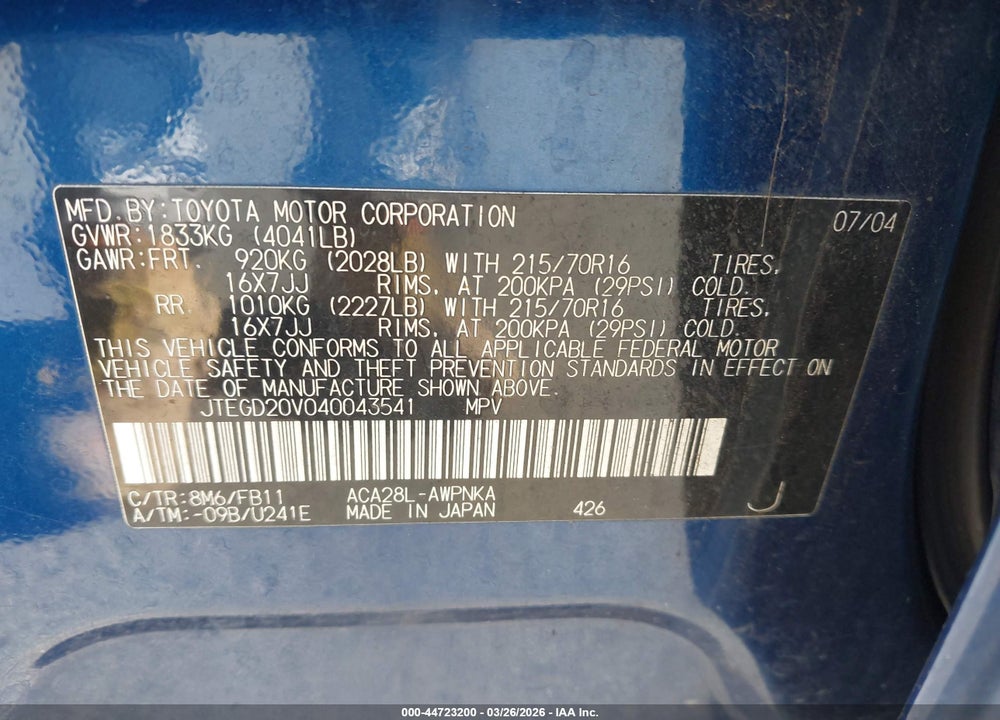 2004 TOYOTA RAV4 VIN: JTEGD20V040043541