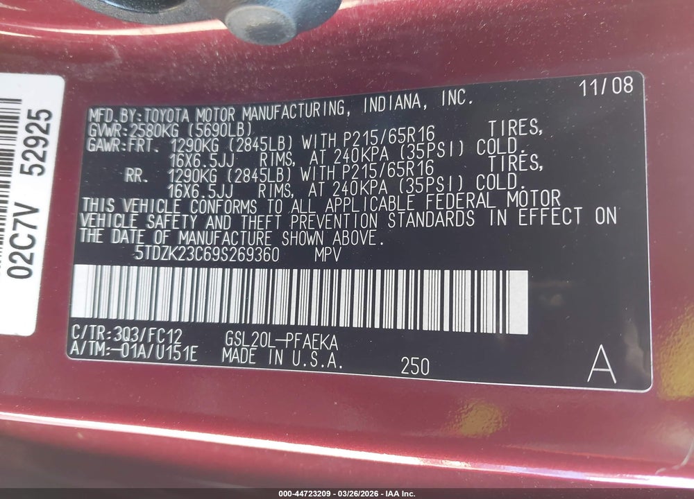 2009 TOYOTA SIENNA LE VIN: 5TDZK23C69S269360