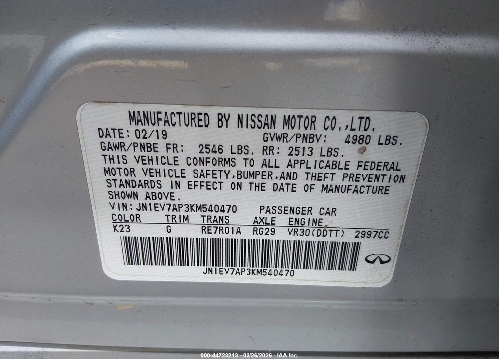 2019 INFINITI Q50 3.0T SPORT VIN: JN1EV7AP3KM540470