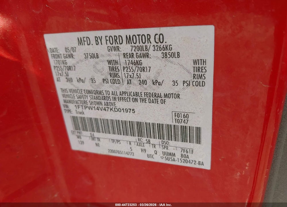 2007 FORD F-150 FX4/LARIAT/XLT VIN: 1FTPW14V47KD01975