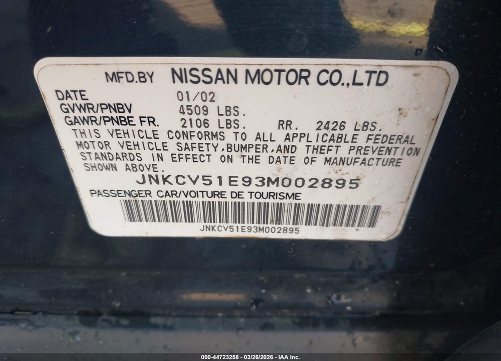2003 INFINITI G35 BASE W/6 SPEED MANUAL VIN: JNKCV51E93M002895