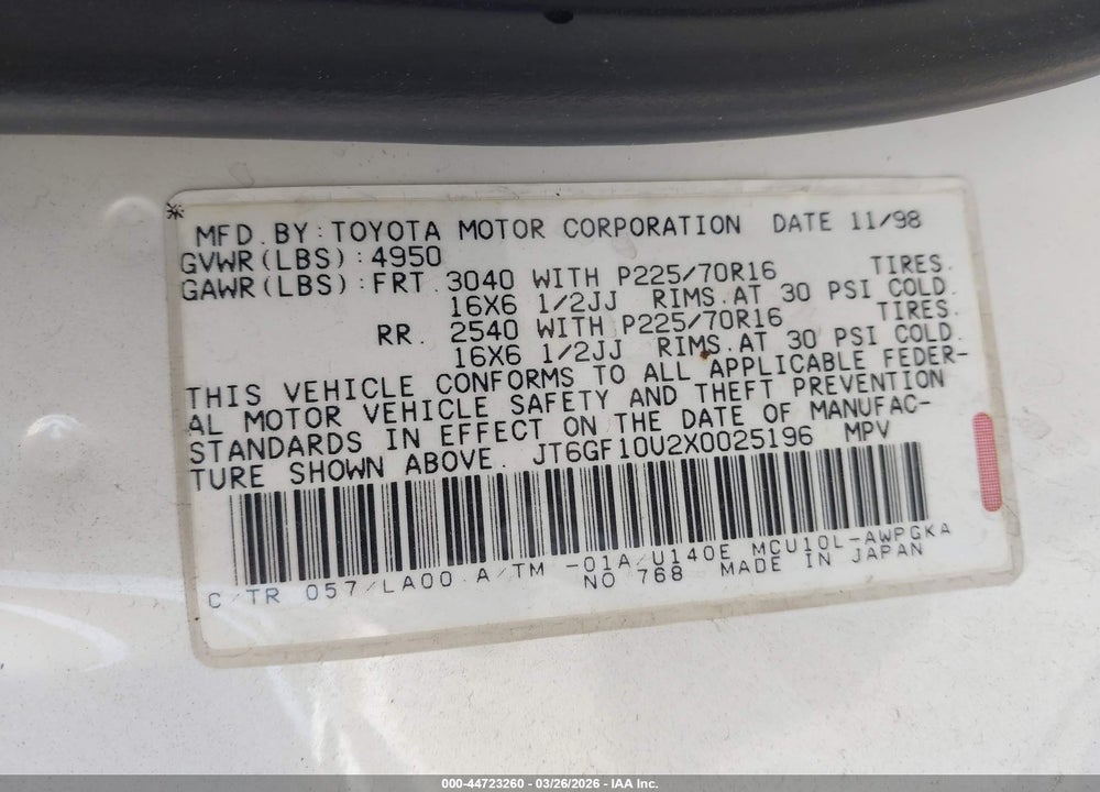 1999 LEXUS RX 300 VIN: JT6GF10U2X0025196