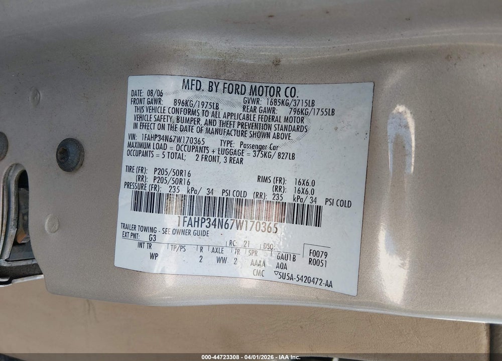 2007 FORD FOCUS S/SE/SES VIN: 1FAHP34N67W170365
