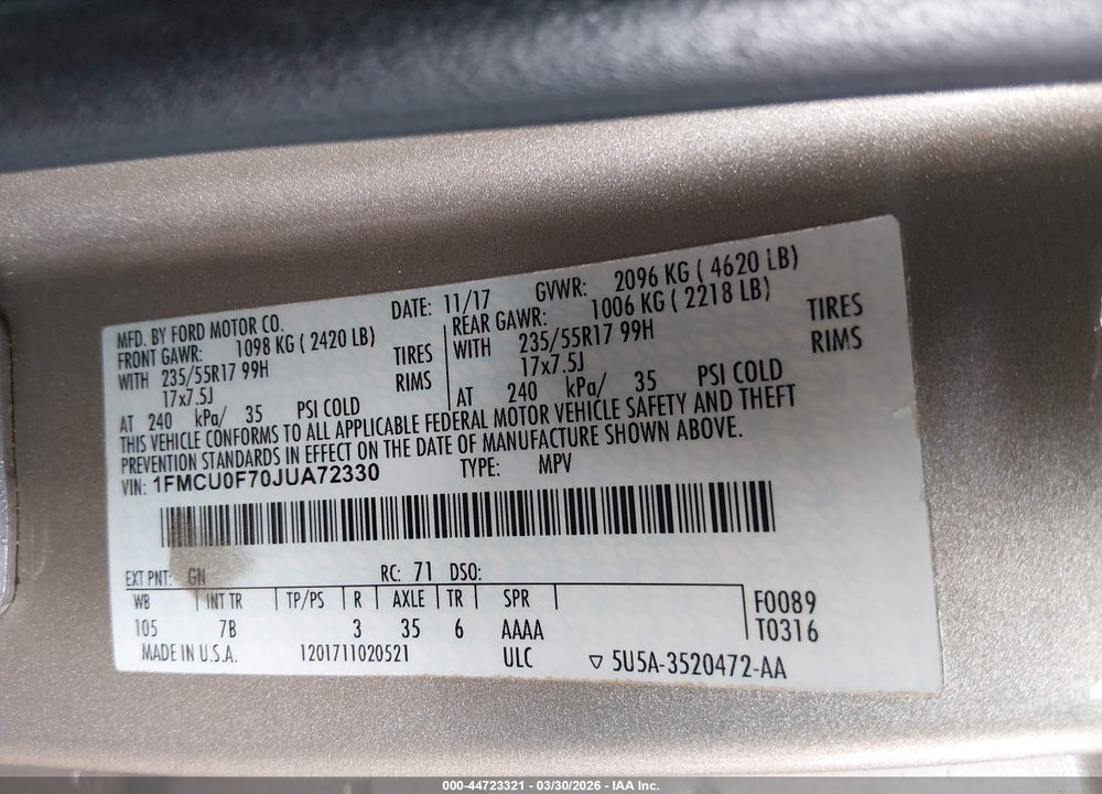 2018 FORD ESCAPE S VIN: 1FMCU0F70JUA72330