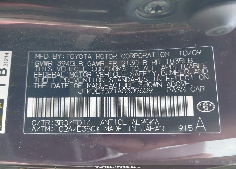 2010 SCION TC VIN: JTKDE3B71A0309629