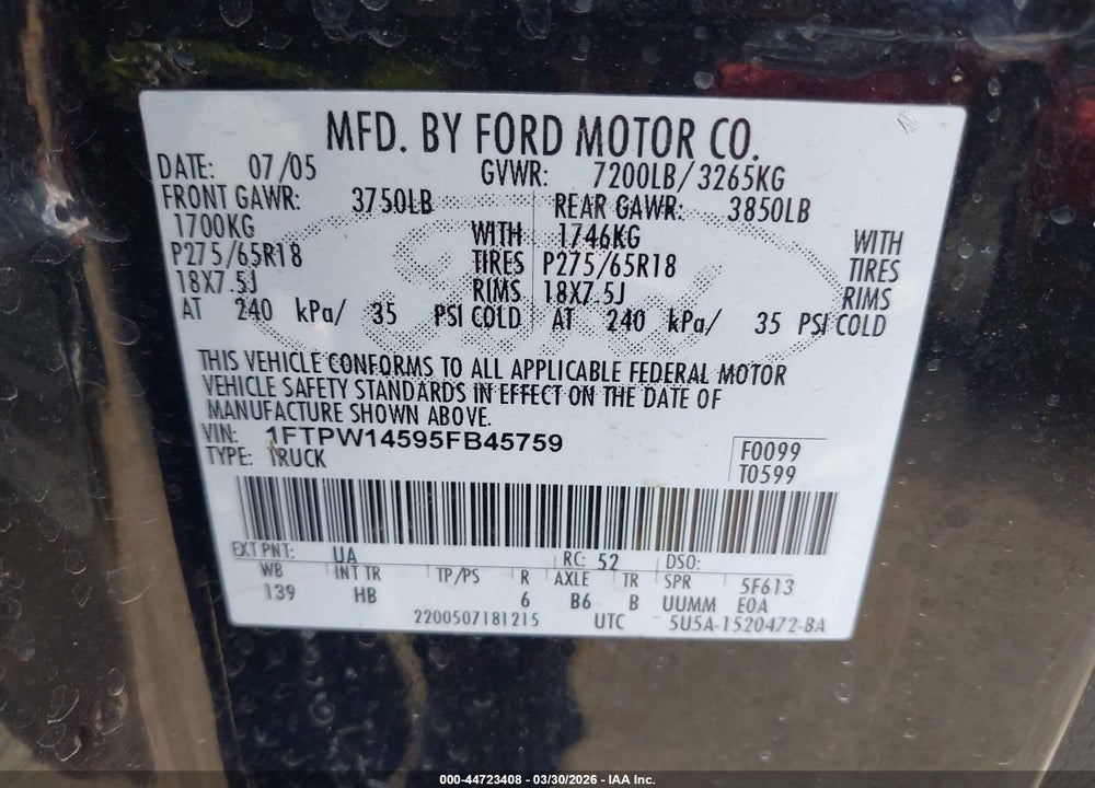 2005 FORD F-150 FX4/LARIAT/XLT VIN: 1FTPW14595FB45759