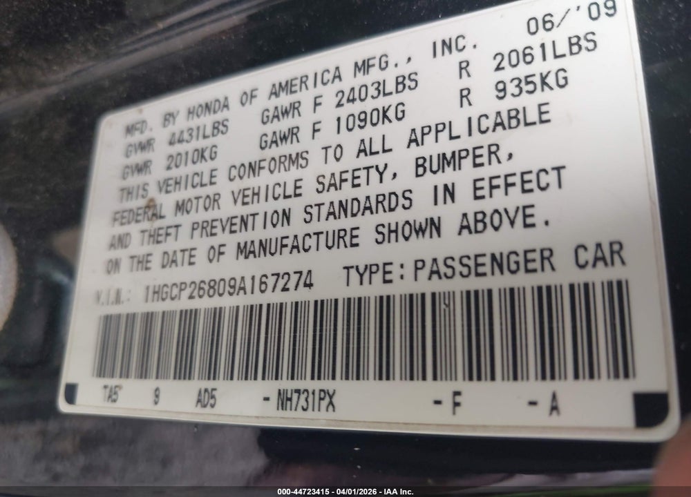 2009 HONDA ACCORD 2.4 EX-L VIN: 1HGCP26809A167274
