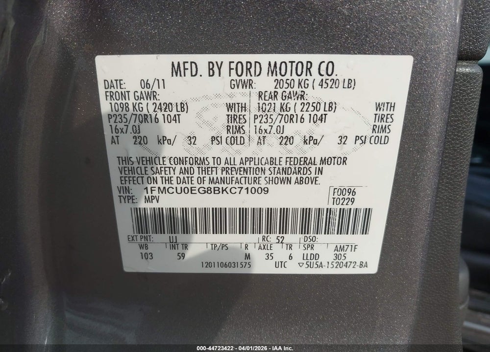2011 FORD ESCAPE LIMITED VIN: 1FMCU0EG8BKC71009