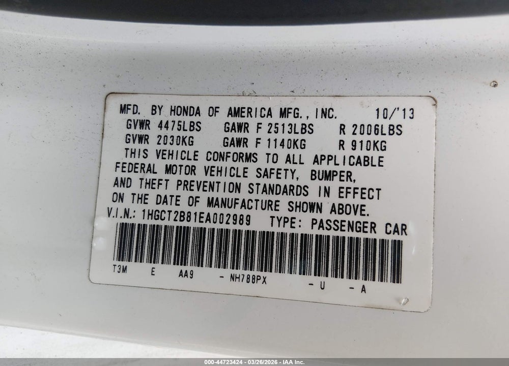 2014 HONDA ACCORD EX-L V-6 VIN: 1HGCT2B81EA002989