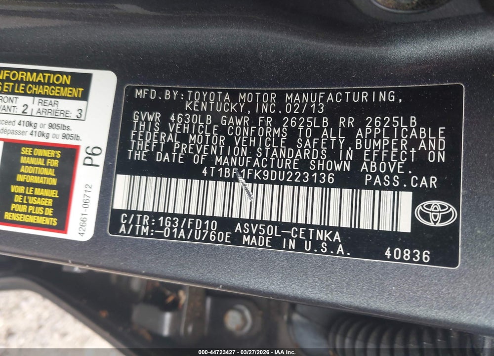 2013 TOYOTA CAMRY LE VIN: 4T1BF1FK9DU223136