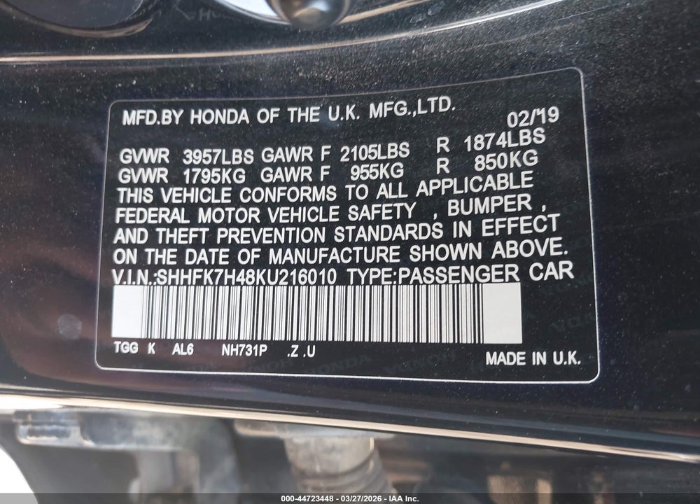 2019 HONDA CIVIC SPORT VIN: SHHFK7H48KU216010