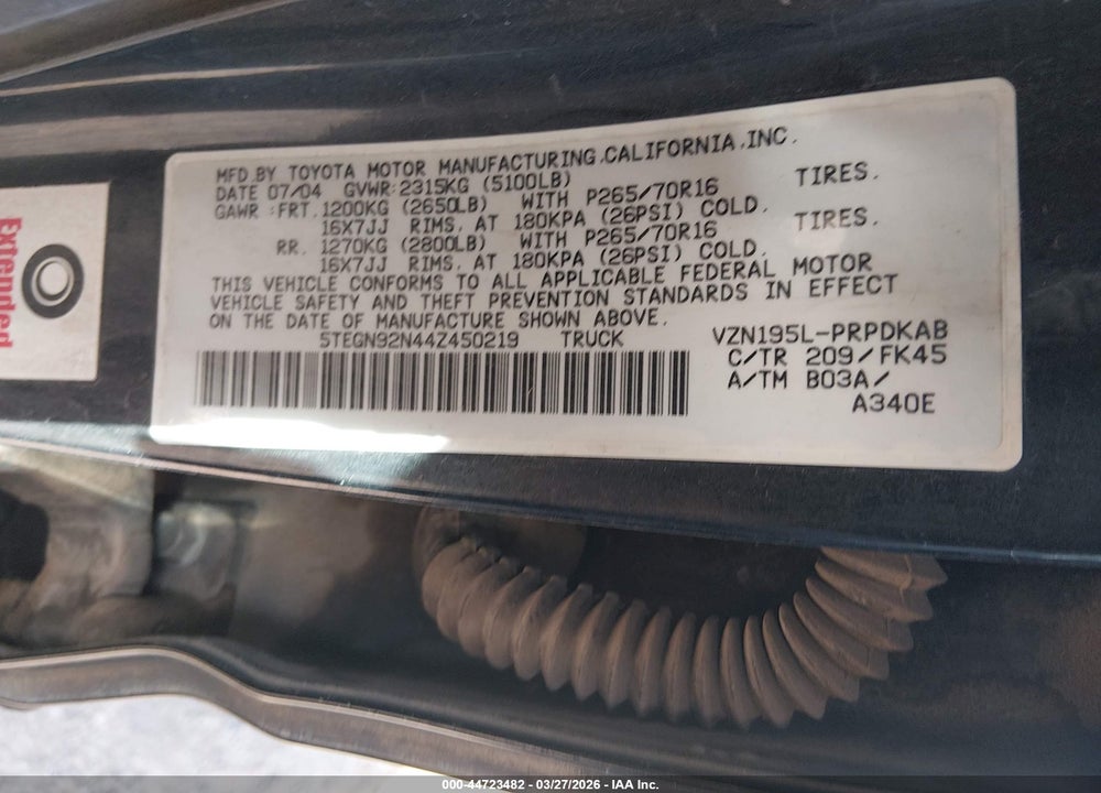 2004 TOYOTA TACOMA PRERUNNER V6 VIN: 5TEGN92N44Z450219