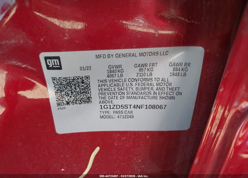 2022 CHEVROLET MALIBU FWD LT VIN: 1G1ZD5ST4NF108067