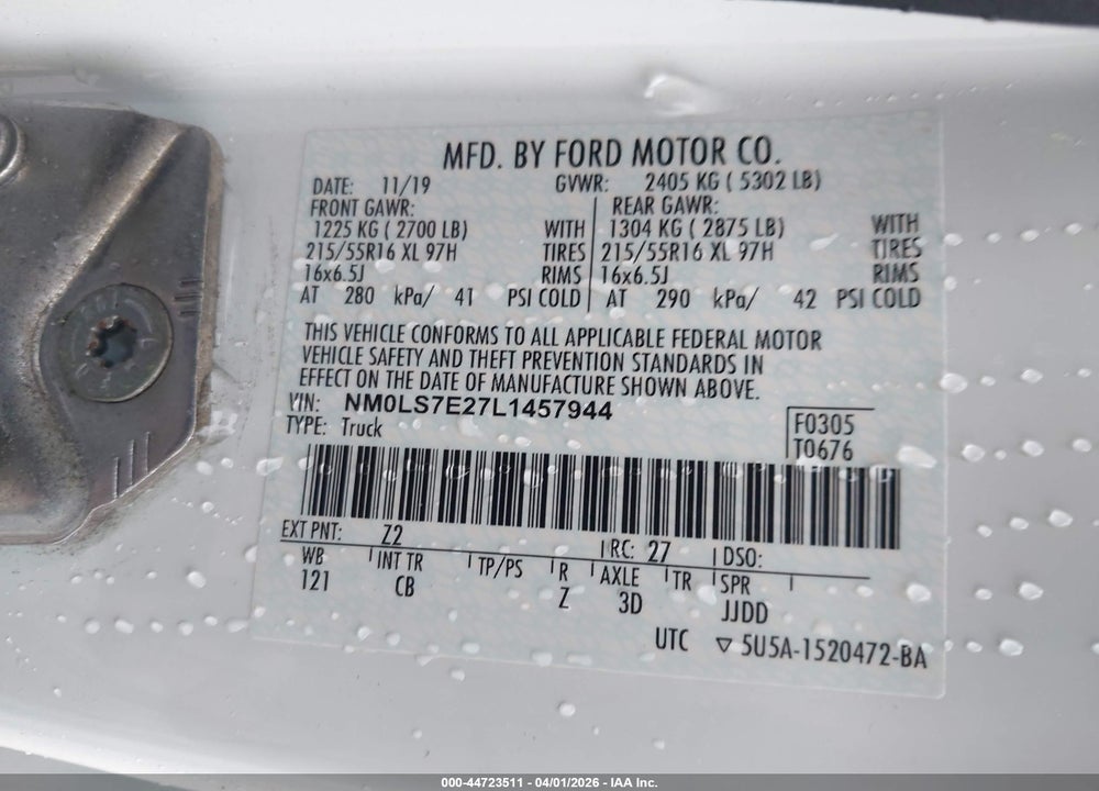 2020 FORD TRANSIT CONNECT XL VIN: NM0LS7E27L1457944