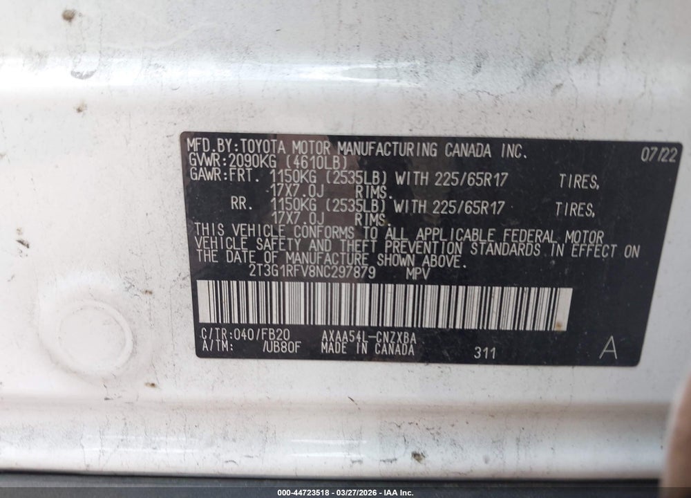 2022 TOYOTA RAV4 LE VIN: 2T3G1RFV8NC297879