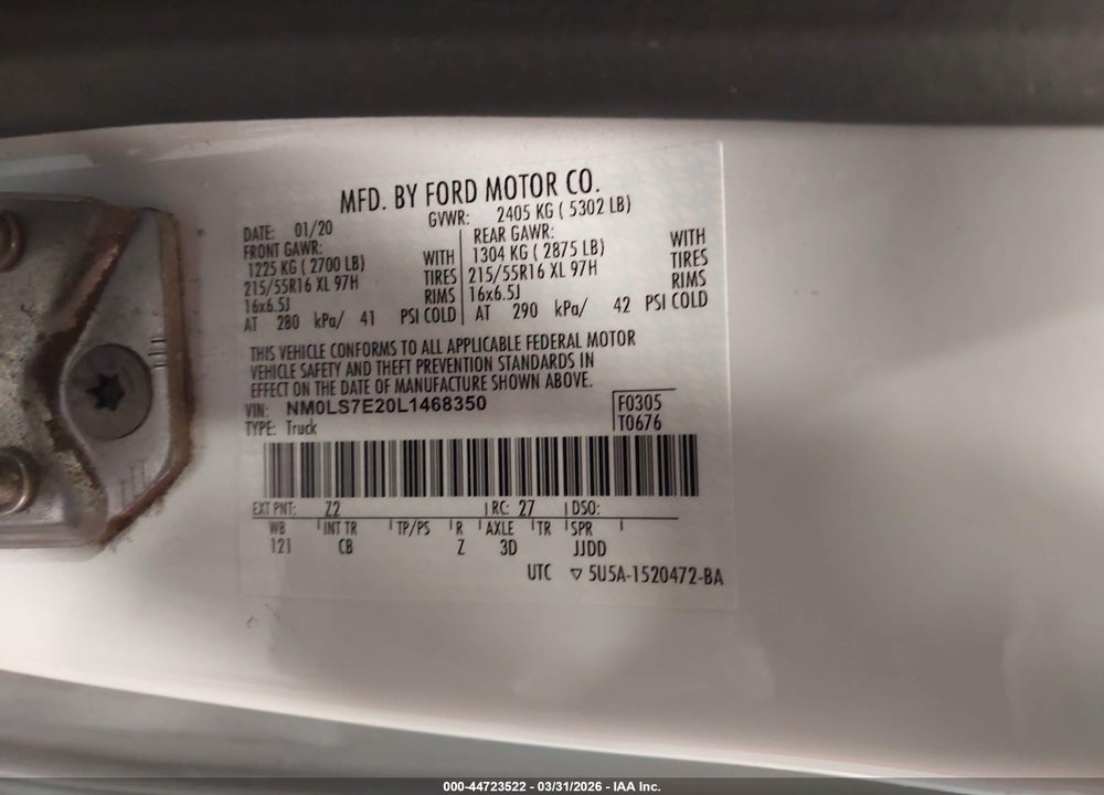 2020 FORD TRANSIT CONNECT XL VIN: NM0LS7E20L1468350