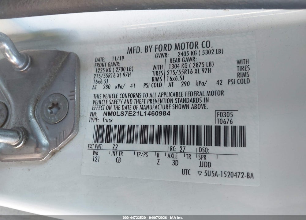 2020 FORD TRANSIT CONNECT XL VIN: NM0LS7E21L1460984