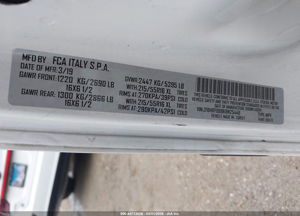 2019 RAM PROMASTER CITY TRADESMAN SLT VIN: ZFBHRFBB8K6N25448