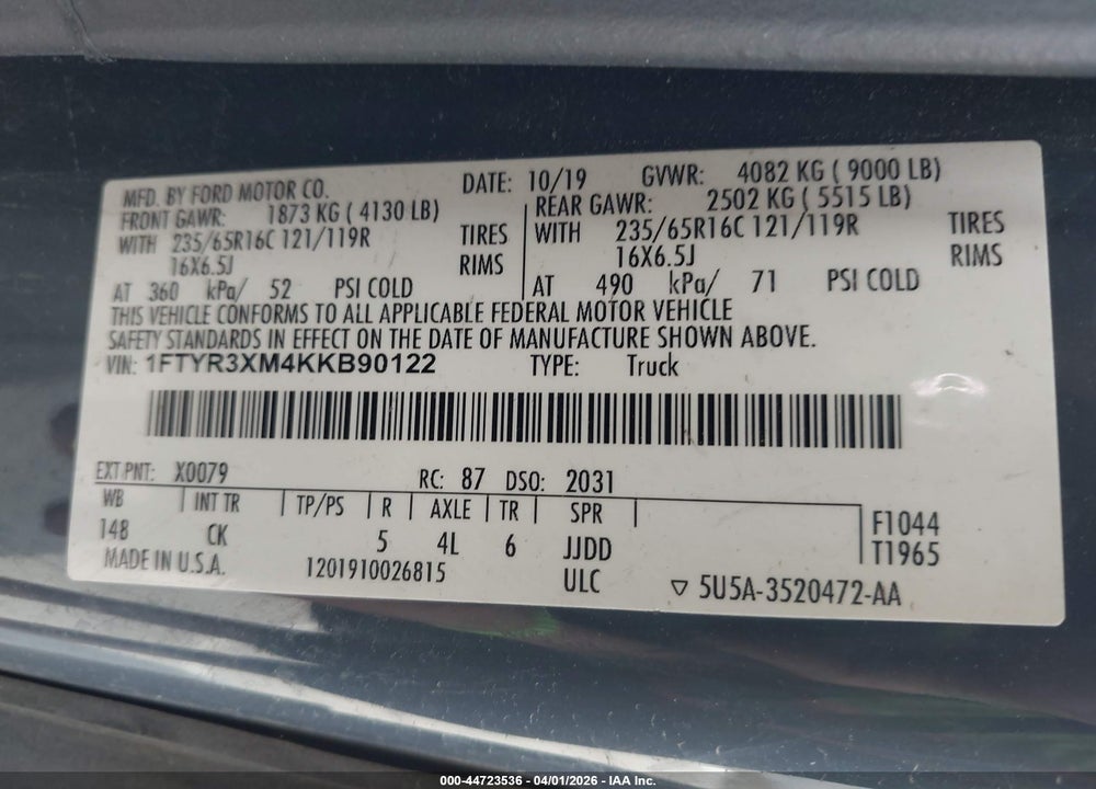 2019 FORD TRANSIT-250 VIN: 1FTYR3XM4KKB90122
