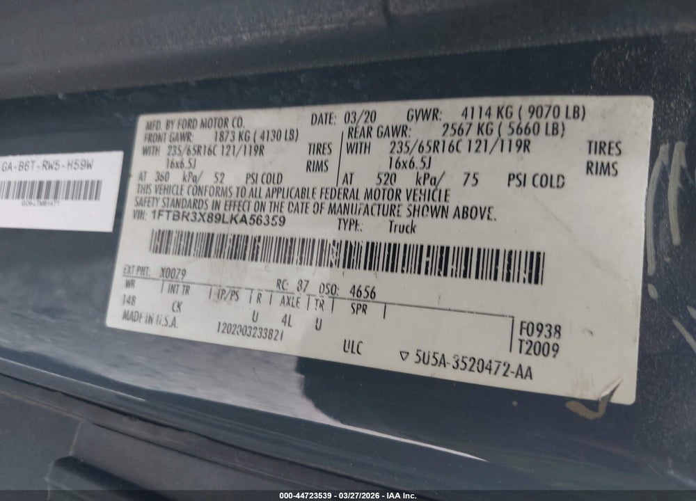 2020 FORD TRANSIT-250 CARGO VAN VIN: 1FTBR3X89LKA56359