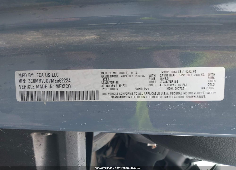 2021 RAM PROMASTER 3500 CARGO VAN HIGH ROOF 159 WB EXT VIN: 3C6MRVJG7ME562224